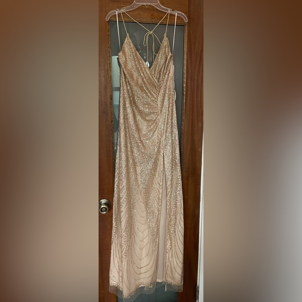 Luxxel Gold Tulle Spaghetti Strap Formal Maxi Gown- Small
